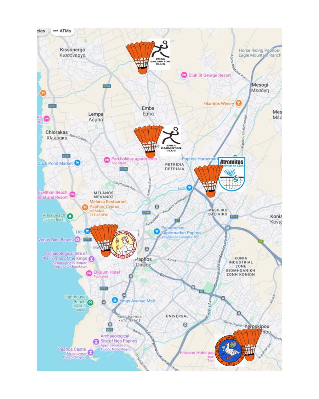 Badminton clubs map Paphos